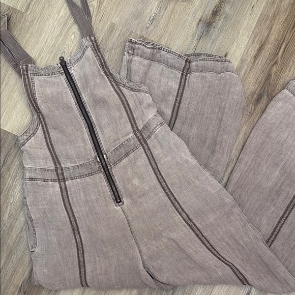 Free People Pants - Free People Brown Wash Linen Zip Up Distressed Wide Leg Jumpsuit Overalls